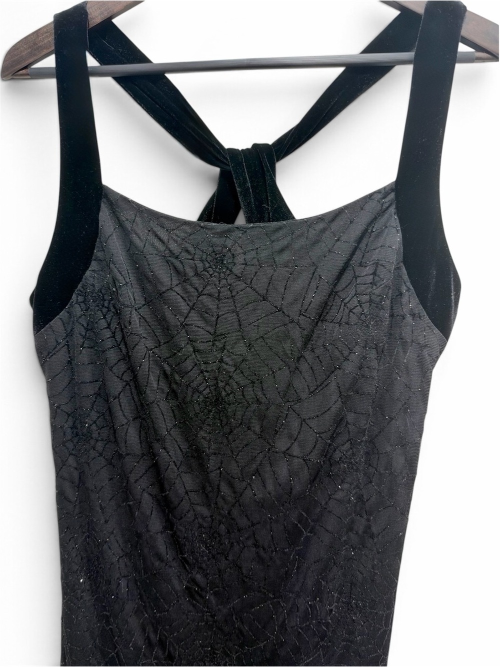 Vintage 90s Glitter Spiderweb Velvet Cross-Back Maxi Dress Size 14